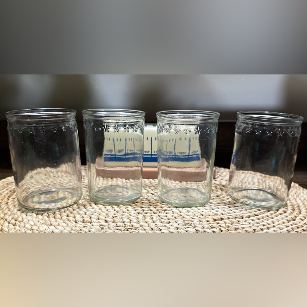EUC Raised Star Bordered Star Rimmed Jelly Jars Juice Glasses Set of 4 #stamped